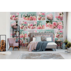 Een fotobehang met zachte roze bloemen, perfect voor een romantische slaapkamer.