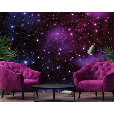 Een fotobehang met een ruimtegalaxy-thema, geschikt voor een huiskamer.