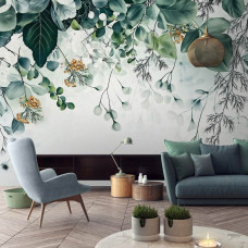 Fotobehang met een botanisch geïnspireerd design in een stijlvol en rustige woonkamer.
