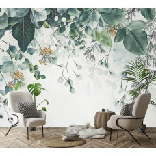 Fotobehang met botanische elementen in een harmonieuze compositie aan de muur van een sfeervolle woonkamer.