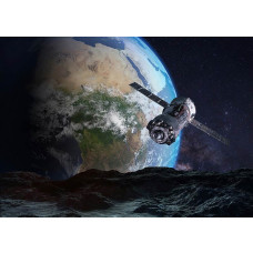 Een fotobehang van een satelliet in de ruimte, met de aarde zichtbaar, voor het creėren van een futuristische sfeer in een ruimte.