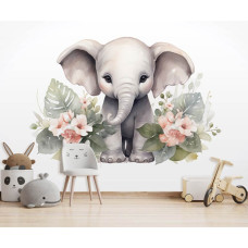 Een fotobehang van een schattig olifantje met bloemen in een babykamer en kinderkamer.