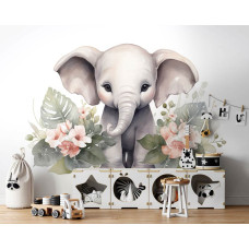 Een fotobehang van een schattig olifantje met bloemen in een vrolijke babykamer.