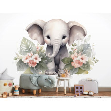 Een fotobehang van een schattig olifantje met bloemen in een kinderkamer.