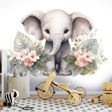 Een fotobehang van een schattig olifantje met bloemen in een speelse speelkamer.