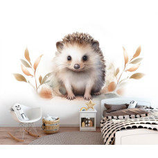 Een fotobehang van een schattige egel met een speels ontwerp in een kinderkamer.
