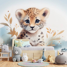 Een fotobehang van een schattige kleine leeuw in een warme kinderkamer.