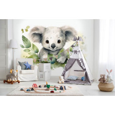 Een fotobehang van een schattige koalabeer in een rustige babykamer.