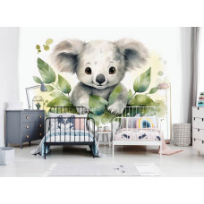 Een fotobehang van een schattige koalabeer in een levendige kinderkamer.