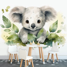 Een fotobehang van een schattige koalabeer in een speelse speelkamer.