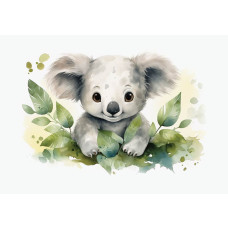Fotobehang van een schattige koala, geschikt voor een kinderkamer met natuurelementen.