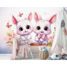 Een fotobehang van schattige konijntjes en vlinders in een babykamer en kinderkamer.