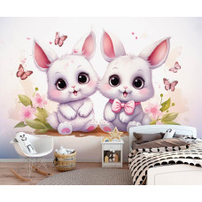 Een fotobehang van schattige konijntjes en vlinders in een sfeervolle kinderkamer.
