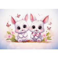 Fotobehang van schattige konijntjes met vlinders, ideaal voor kinderkamers.