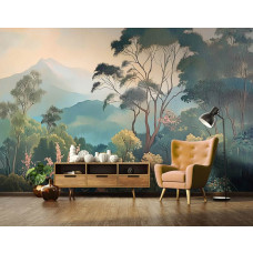 Fotobehang met een panoramisch berglandschap in een professioneel en inspirerend kantoor.