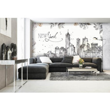 Fotobehang met de skyline van New York in schilderachtige stijl. Dit fotobehang voegt een moderne en stedelijke uitstraling toe aan een woonkamer.