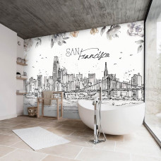 Fotobehang met San Francisco en de Golden Gate Bridge in zachte schilderachtige tinten. Dit fotobehang creëert een serene ambiance in een badkamer.