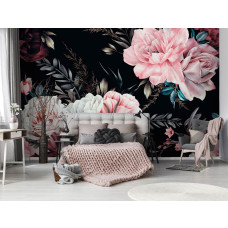 Fotobehang met schilderachtige bloemen op een zwarte achtergrond in een slaapkamer.