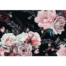 Fotobehang met schilderachtige bloemen op een zwarte achtergrond.