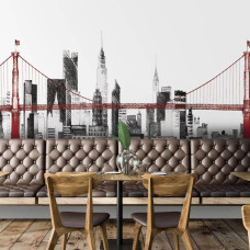 Fotobehang met een indrukwekkende skyline en een elegante brug. Een professionele keuze voor een bedrijfsruimte.