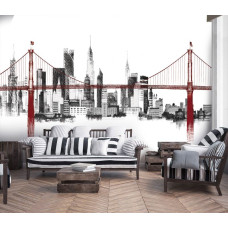 Fotobehang met een elegante brug en een adembenemende skyline. Dit fotobehang geeft een unieke en moderne uitstraling aan een woonkamer.