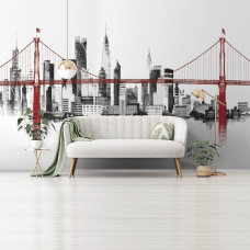 Fotobehang met een schilderachtige brug en skyline. Dit fotobehang brengt een moderne en sfeervolle uitstraling in een woonkamer.