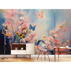 Een fotobehang van schilderachtige klaprozen en vlinders in bloemen in een woonkamer.