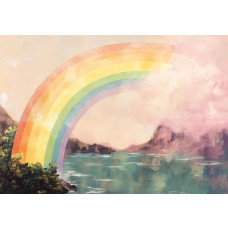 Fotobehang met schilderachtige regenboog over bergen en water.