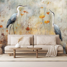 Een fotobehang van schilderachtige reigers bij het meer in kunststijl, met vogels en natuur voor de huiskamer.