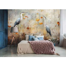 Een fotobehang van schilderachtige reigers bij het meer in kunststijl, met vogels en natuur voor de slaapkamer.
