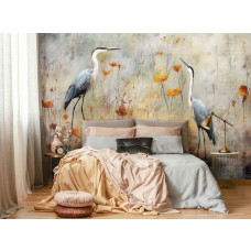 Een fotobehang van schilderachtige reigers bij het meer in kunststijl, met vogels en natuur voor de woonkamer en slaapkamer.