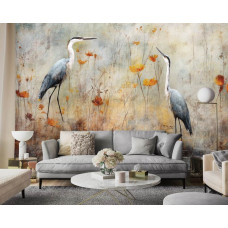 Een fotobehang van schilderachtige reigers bij het meer in kunststijl, met vogels en natuur voor de woonkamer.