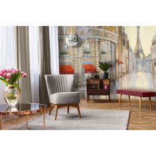Fotobehang met Parijse straten en de Eiffeltoren. Dit fotobehang brengt een elegante en stedelijke uitstraling in een woonkamer.