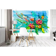 Een fotobehang met abstracte bloemen in een schilderij voor woonkamer, slaapkamer en kantoor.