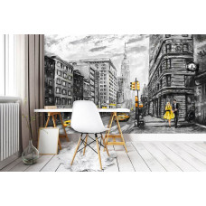 Een fotobehang van een abstracte New Yorkse skyline, geschikt voor een slaapkamer.
