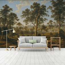 Een schilderij fotobehang van een bos voor de woonkamer.