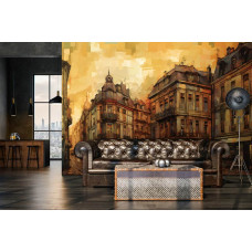Een fotobehang van een schilderij van een oude stad in vintage kunststijl met olieverf op vliesbehang in een woonkamer.