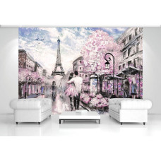 Een fotobehang met abstracte kunst van de Eiffeltoren, perfect voor een woonkamer.