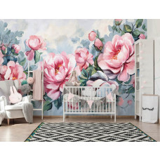 Een fotobehang met pioenrozen in een schilderachtig ontwerp, geschikt voor een kinderkamer.
