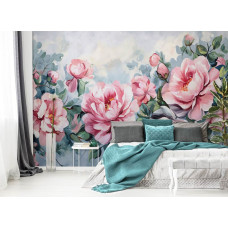 Een fotobehang met pioenrozen in een kunstzinnige compositie, perfect voor een slaapkamer.