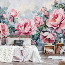Een fotobehang met een schilderij van pioenrozen in een kunstzinnig ontwerp, bedrukt op vliesbehang, ideaal voor een slaapkamer.