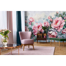 Een fotobehang met een schilderij van pioenrozen, passend in een woonkamer.