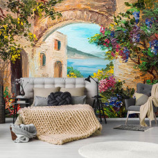 Een fotobehang van een schilderij van romantisch Italiė in vliesbehangstijl voor een slaapkamer.