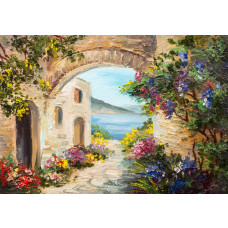 Fotobehang van een schilderij van een romantisch landschap in Italië, met een idyllische setting.