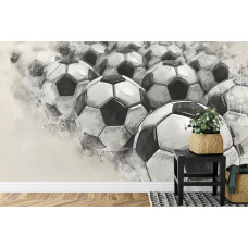 Een fotobehang met een schildering van voetballen in een kinderkamer.
