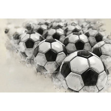 Fotobehang van een artistieke schildering van voetballen in verschillende posities, weergegeven in een dynamische compositie.