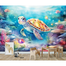 Een fotobehang van een schildpad in de zee met oceaan, vissen en een onderwaterwereld in de jongenskamer in de kinderkamer.