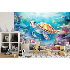Een fotobehang van een schildpad in de zee met oceaan, vissen en een onderwaterwereld in de kinderkamer.
