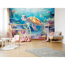 Een fotobehang van een schildpad in de zee met oceaan, vissen en een onderwaterwereld in de meisjeskamer in de kinderkamer.