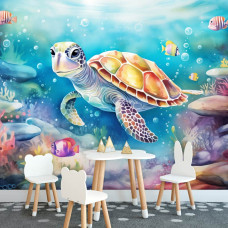 Een fotobehang van een schildpad in de zee met oceaan, vissen en een onderwaterwereld in de speelkamer.